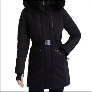 NWT Michael Kors Women's Black Belted Faux-Fur-Trim Hooded Puffer Coat (Size XS)